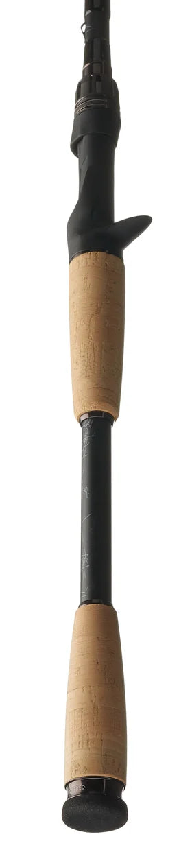 Fishing rod with wooden handle and black components on a white background