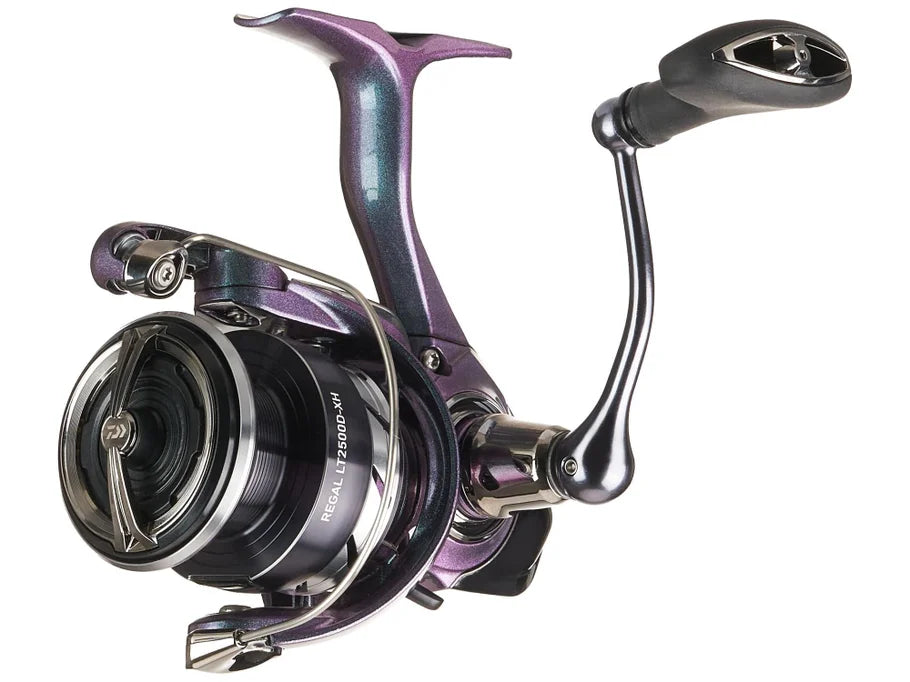 Fishing reel with purple and black finish on a white background