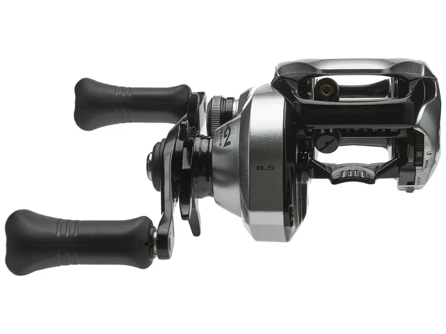 Fishing reel with black and silver design on a white background