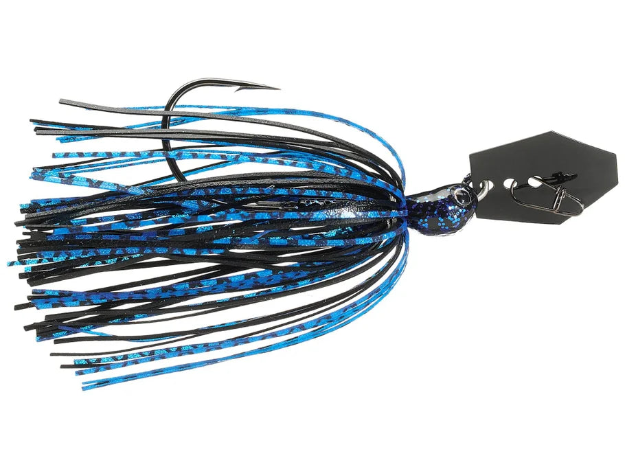 Fishing lure with blue and black details on a white background