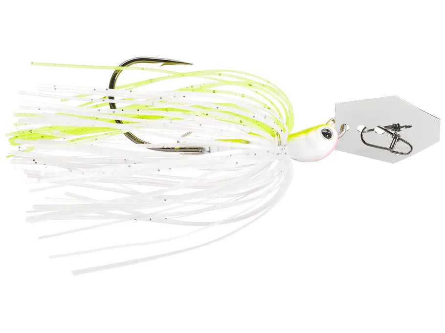 Fishing lure with white and green details on a white background