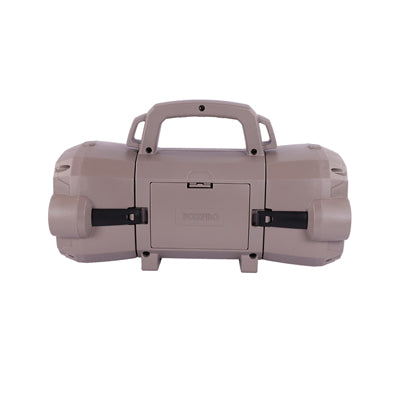Beige hard-shell protective case with black straps on a white background