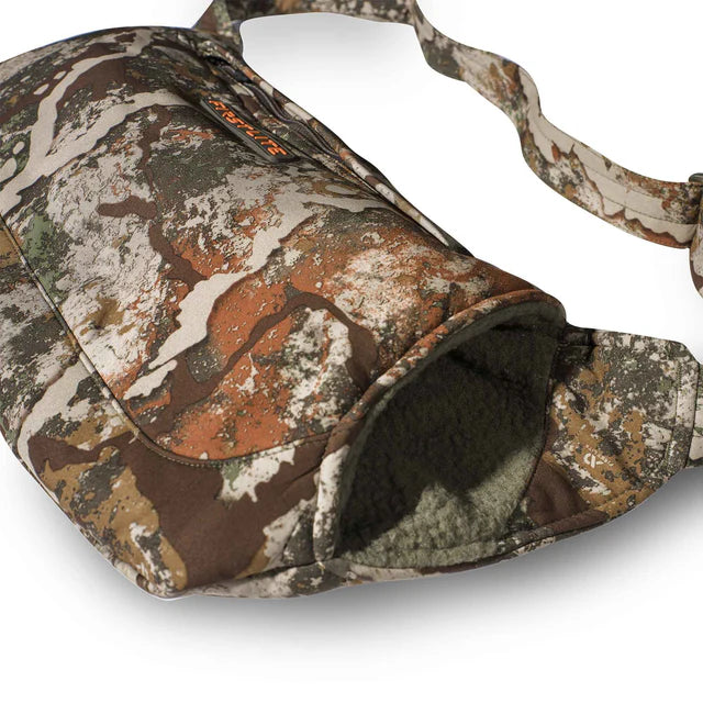 Camouflage bag with a visible brand logo on a white background