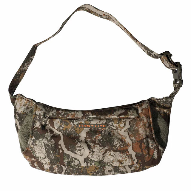 Camouflage-patterned bag with a visible brand logo on a white background