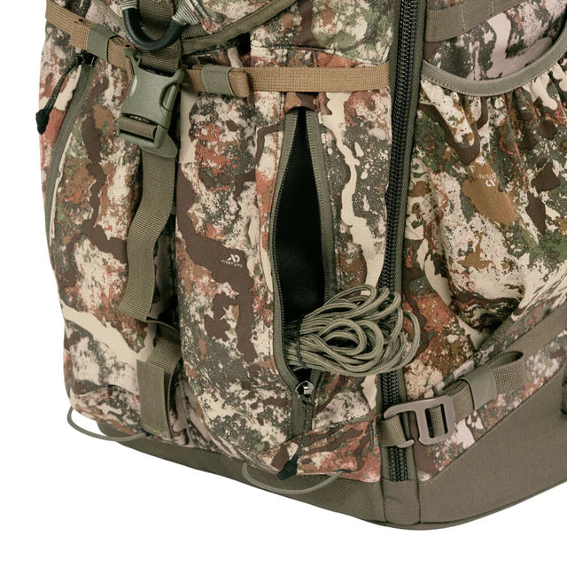 Camouflage backpack with a visible brand logo on a white background