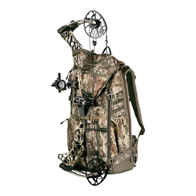 Camouflage hunting backpack with archery equipment on a white background