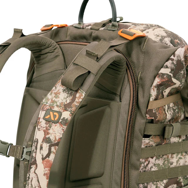Camouflage backpack with tactical straps and orange accents on a white background