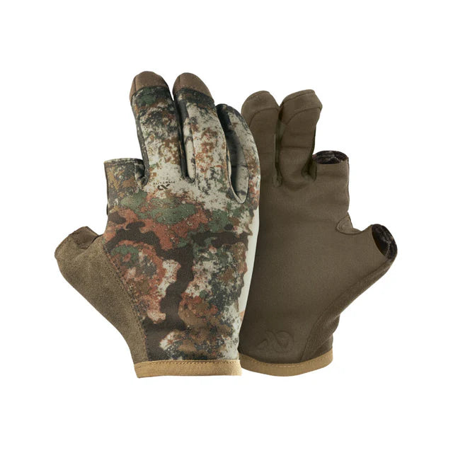 Two gloves, one camouflage and one brown, on a white background