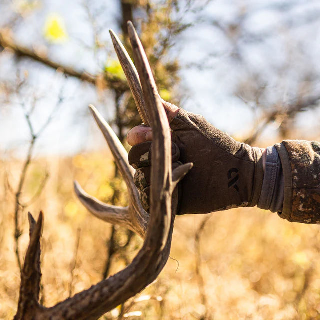 Hand holding deer antlers with a natural outdoor background